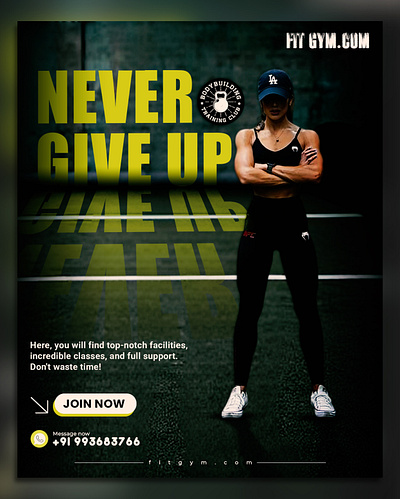 🏋️‍♂️ SOCIAL MEDIA POST CONTENT FOR "NEVER GIVE UP" GYM AD cta design fitness model fitness poster design flayer design gym poster gymdesign logo design poster design social media branding social media creator social media post design