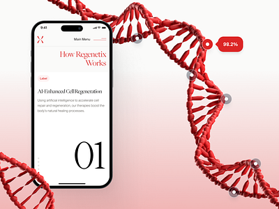 regenetix: AI Biotech Regenerative Medicine - Mobile UI 3d dna bioengineering biology website biotech landing page biotech mobile biotech web design biotech website biotechnology cell therapy website clean gene therapy lab grown tissue minimal modern organ regeneration red regenerative medicine stem cell stem cell therapy tissue engineering