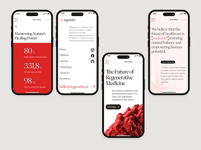 regenetix: AI Regenerative Medicine & Tissue Engineering Mobile bioengineering biology website biotech landing page biotech mobile ui biotech web design biotech website biotechnology cell therapy website clean gene therapy lab grown tissue minimal modern organ regeneration red regenerative medicine stem cell stem cell therapy therapeutic website tissue engineering