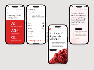 regenetix: AI Regenerative Medicine & Tissue Engineering Mobile bioengineering biology website biotech landing page biotech mobile ui biotech web design biotech website biotechnology cell therapy website clean gene therapy lab grown tissue minimal modern organ regeneration red regenerative medicine stem cell stem cell therapy therapeutic website tissue engineering