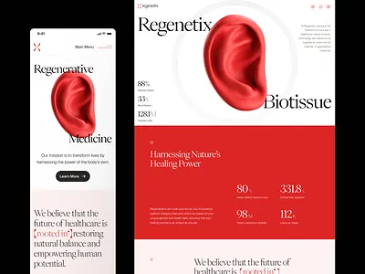 regenetix: AI Cell Therapy & Tissue Engineering - Landing Page 3d anatomy 3d organ bioengineering biology website biotech landing page biotech web design biotech website biotechnology cell therapy website clean gene therapy lab grown tissue minimal modern organ regeneration red regenerative medicine science landing page stem cell therapy tissue engineering