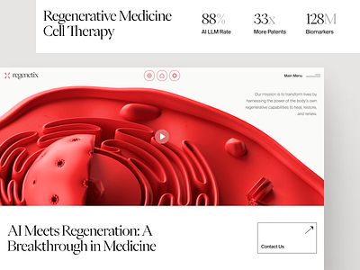 regenetix: AI Cellular Therapy & Regenerative Medicine UI 3d cell bioengineering biology website biotech landing page biotech web design biotech website biotechnology cell therapy cell therapy website cellular therapy clean lab grown tissue minimal modern red regenerative medicine stem cell stem cell therapy therapeutic website tissue engineering