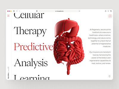 regenetix: AI Cellular Therapy & Predictive Health - Main Menu 3d anatomy 3d organ bioengineering biology website biotech landing page biotech web design biotech website biotechnology cell therapy website clean lab grown tissue minimal modern organ regeneration red regenerative medicine stem cell stem cell therapy therapeutic website tissue engineering