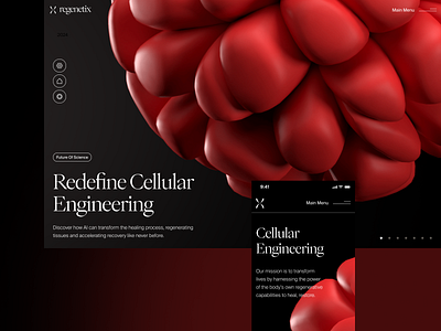 regenetix: AI Cellular Engineering/Cell Therapy Dark Mode UI bioengineering biology website biotech dark mode biotech landing page biotech web design biotech website biotechnology cell therapy website clean gene therapy lab grown tissue minimal modern organ regeneration red regenerative medicine stem cell stem cell therapy therapeutic website tissue engineering