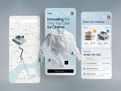 App UI Concept - Laundry Delivery android app app design clean ui delivery app ios app laundry app logistics ux map ui minimal design mobile app mobile design mobile ui on demand service order tracking product design smart service app ux design