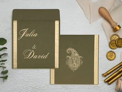 Dark Olive Green Matte Paisley Themed - Embossed Wedding Invite paisley wedding invitation cards