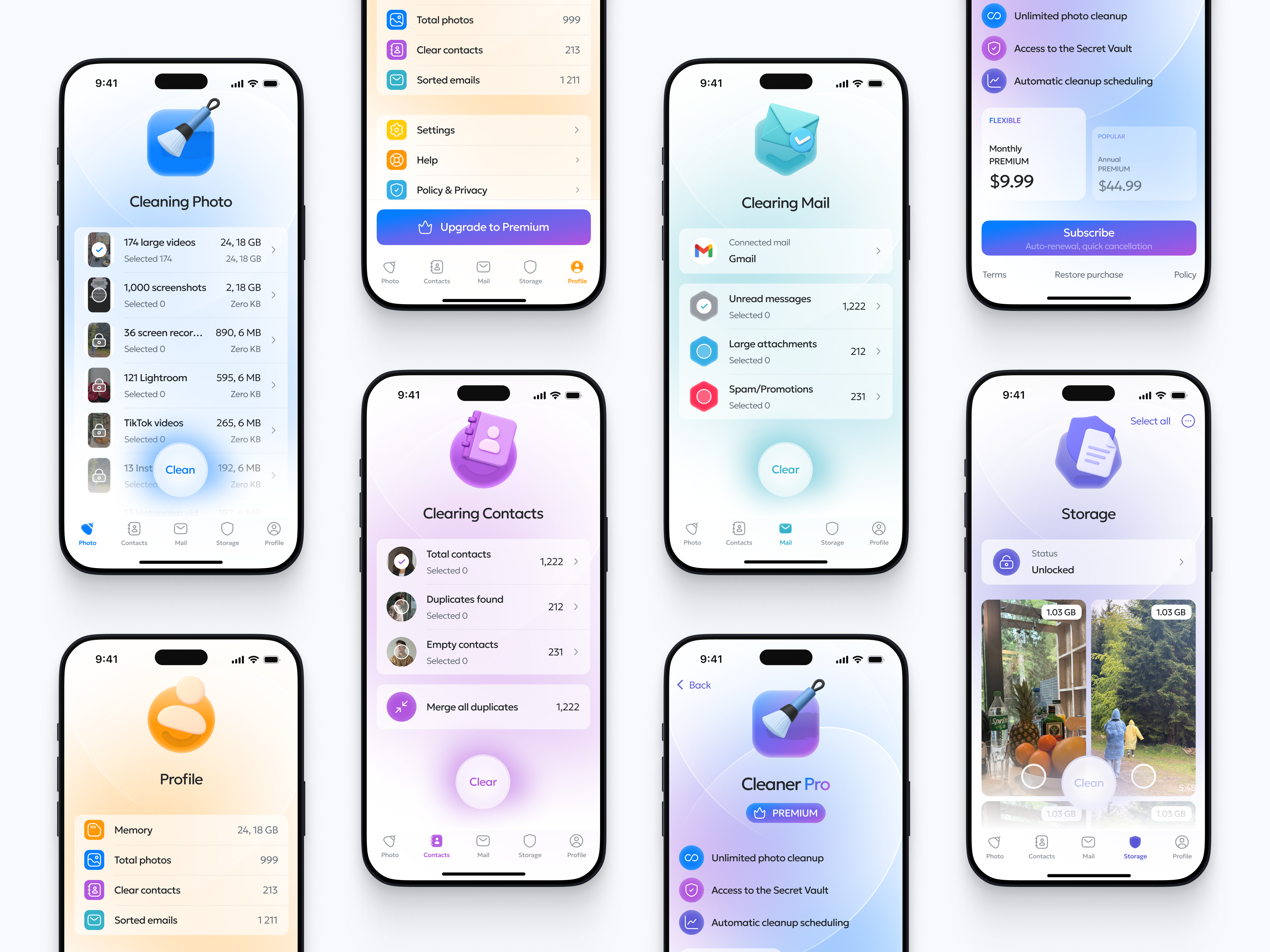 🪄 IOS Сleaning App 3d icons cleaner app contacts cleanup email cleaner ios ios app ios design mobile app mobile interface modern ui pastel ui photo cleaner premium upgrade productivity app storage manager subscription ui system cleaner