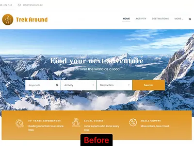 Travel Agency Desktop Homepage Redesign abovethefold advertising beforeafter conversion conversionrateoptimization cro desktop digitalmedia figma firstvisiblescreen leadgeneration travel travelagency user experience design userexperience uxui website