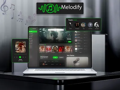 Melodify – Crafted for Creators, Loved by Listeners🎶 dark theme digital music graphic design interface melodify music music platform publish publish music songs trend trending ui ux webapp website website design