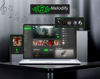 Melodify – Crafted for Creators, Loved by Listeners🎶 dark theme digital music graphic design interface melodify music music platform publish publish music songs trend trending ui ux webapp website website design