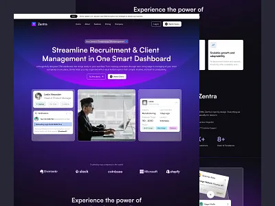 Zentra - CRM Landingpage branding crm dark mode dashboard design digital digital revo elegant design elegant landing page gradient home page landing page minimalist ui website
