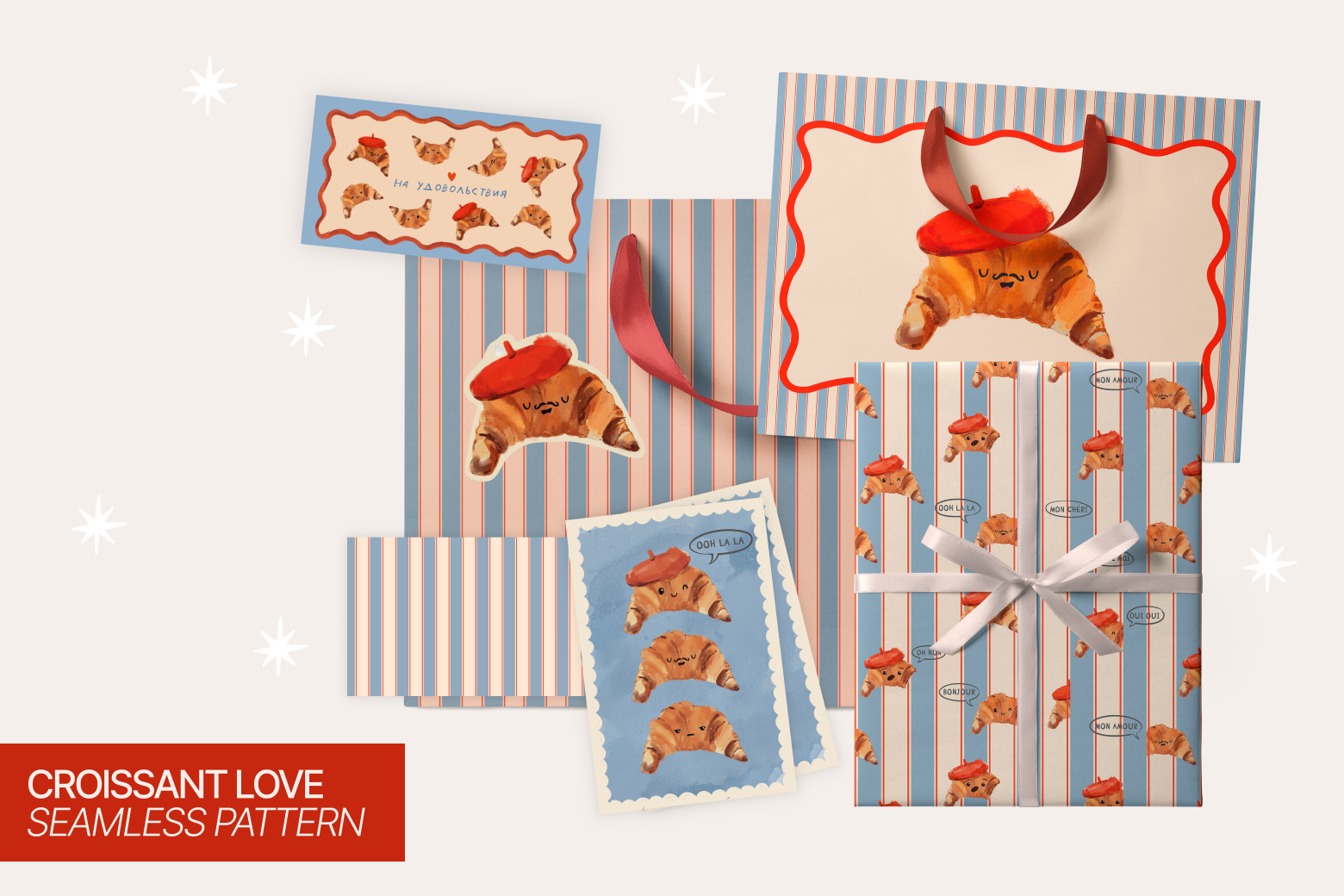 Croissant Love Club croissant cuteillustration giftwrap graphic design handdrawn illustration packagingdesign wrappingpaper