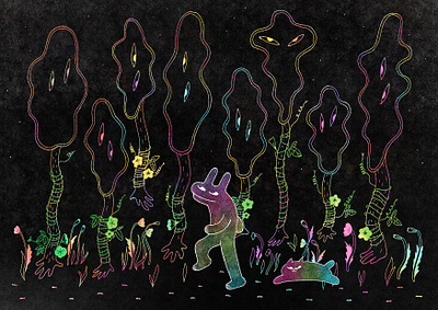 Night Walks cat design editorial illustration flower fun graphic design illustration night tree walk