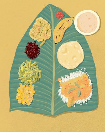 Vishu sadhya (meal) art bananaleaf colorful digital art foodillustration illustration indianfood keralafood meal procreate sketch vishu