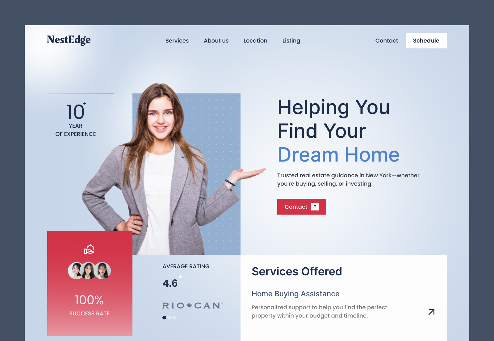 NestEdge – Real Estate Agent Portfolio Hero Section (UX-Focused) agentportfolio cleanui dribbble figma hero homebuying landingpage modernui portfolio propertylisting realestate realestateagent realestatebranding realestatewebsite responsivewebdesign uidesign uxdesign webdesign webinspiration websiteconcept