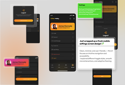 Clean Settings Dashboard for Mobile andriod app branding clean darkmode dashborad design figma gradient graphic design modern orange pop settings settings page ui ux