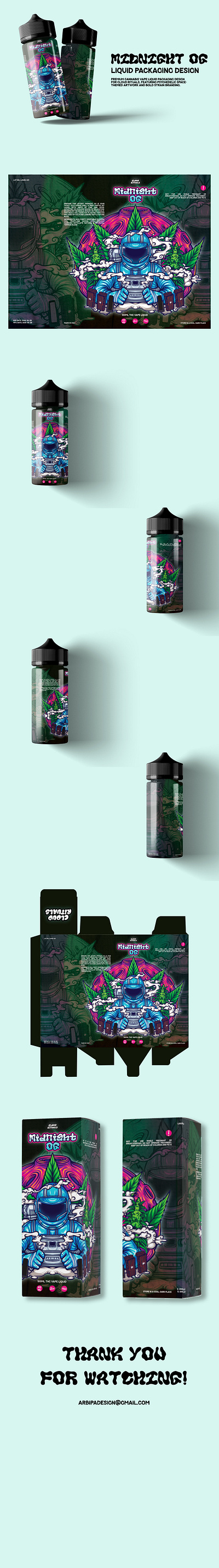 MIDNIGHT OG THC LIQUID PACKAGING DESIGN branding design graphic design handdrawn illustration liquid logo packaging space thc vape vector weed weed liquid