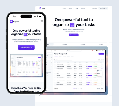 Crysta - Project Management CRM Tool ai branding crm dashboard design graphic design invoice landing page minimal project management purple saas startup task tech ui ux web web design website