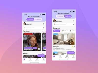 Room mate finder app ui apartment finder branding modern ui design product design property search app purple aesthetic real estate app real estate platform roommate finder app roommate matching ui uiux user interface design