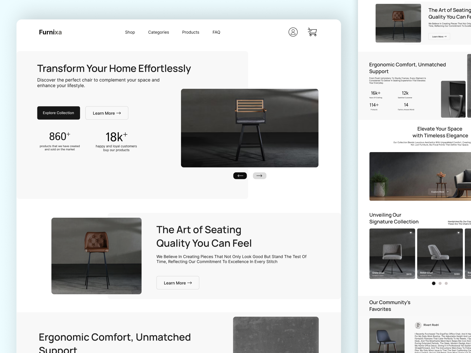Furnixa – Modern Chair E-Commerce UI chairdesign cleanui ecommerce ecommercedesign figmadesign furniture furnituredesign furnitureshop furnituresite homedecor interiordesign landingpage minimalui modernui productdesign shoppingwebsite uiux uxdesign uxuidesign webdesign