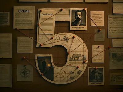 36 Days of Type - 5 5 branding corkboard crime detective distressed documents evidence five illustration lettering map paper pin sleuth string type typography vintage