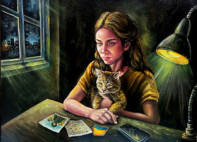 Original Painting, Ukrainian War Art, Woman, Cat, Emotional Girl art cat design hand painted handmade paint painting ukraine war woman
