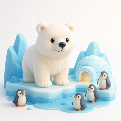 Polar bear and penguins 3d ai miniature