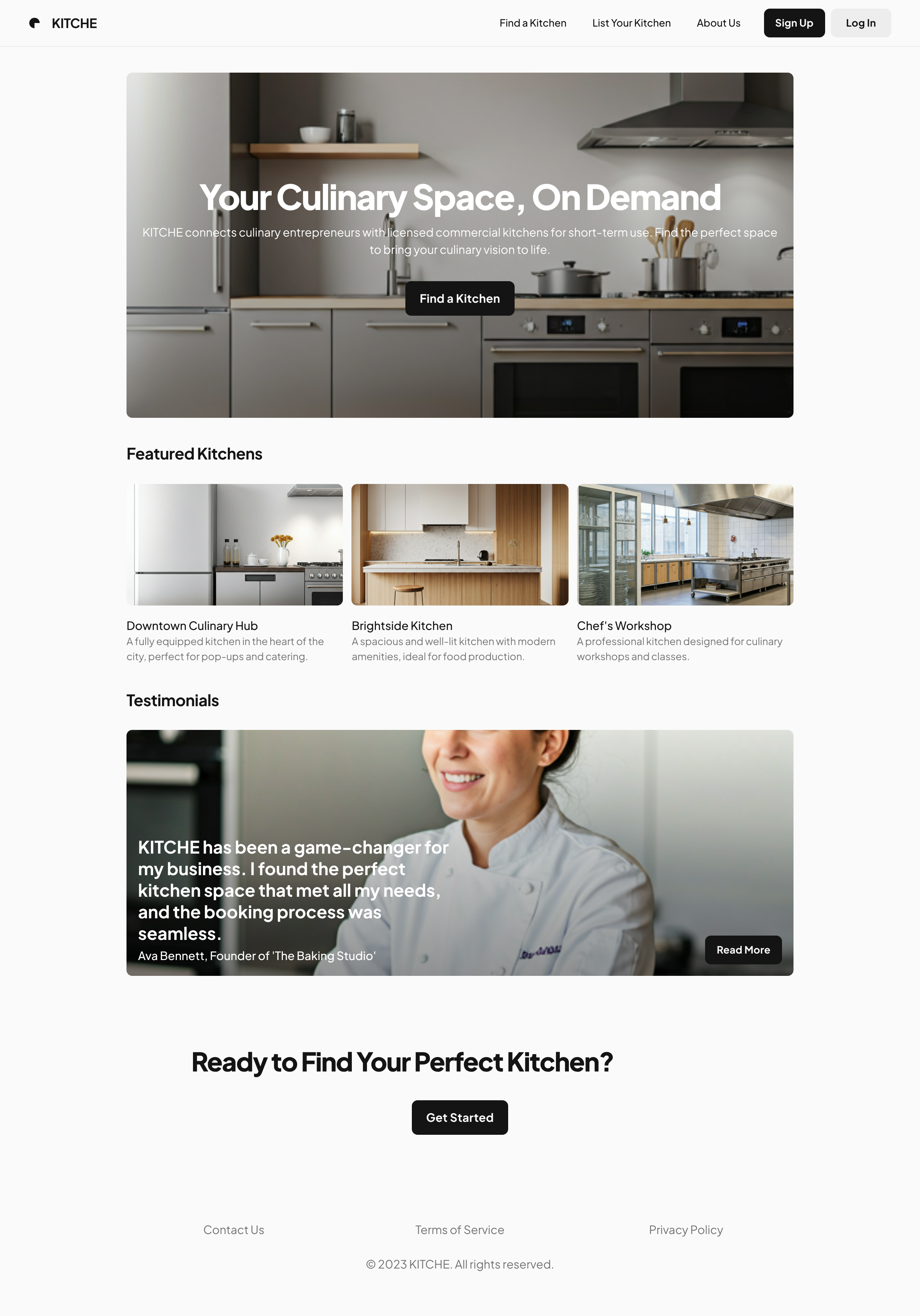 Kitche - Commercial Kitchen Booking Website booking design figma framer landing page minimalistic responsive ui ux ux design web design website