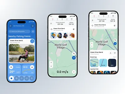 Fishing Spots Mobile App UI app app design clean fish fisher man fishing fishing app fishing app design lake location map mobile design modern social spots travel trip ui design vacation