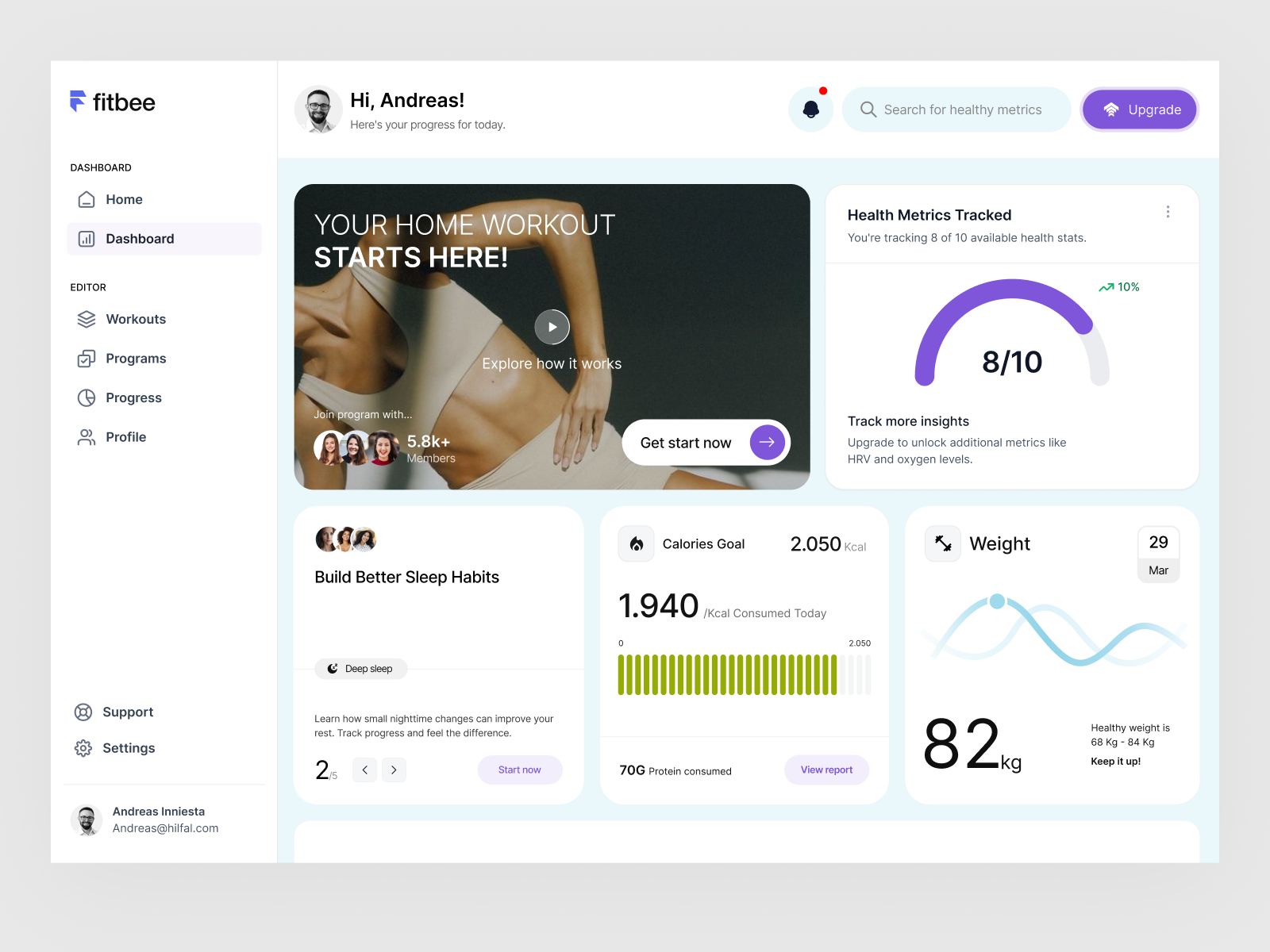 Health & Fitness Tracking Dashboard dashboard ui fitness app fitness tracker health dashboard health tech health ui mobile app product design saas dashboard ui design user experience user interface ux design web app wellness app