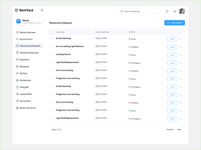 Maintenance Request page from Rentyard Project. dashboard design graphic design product design saas ui uiux ux web app