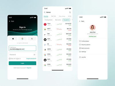 Stock trading app - Sign in, Market, Profile Mobile UI app design fintech market mobile profile signin ui ux