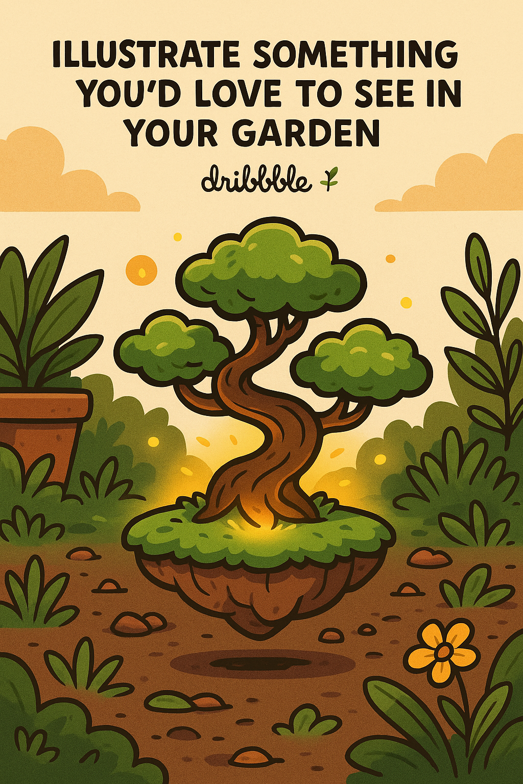 Floating Bonsai Island – My Dream Garden Escape 2d artwork bonsai tree cartoon illustration digital illustration dream garden fantasy garden floating bonsai floating island floating land floating nature garden magic glow effect glowing tree magical tree mini garden miniature world peaceful tree soft gradient storybook style whimsical garden