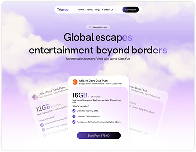 International eSIM Website UI for Modern Explorers appdownloadpage apppromotion cleandesign cloudui dribbbleshowcase esimwebsite globalconnectivity landingpagedesign mobileplans modernwebdesign pricingcard responsivedesign saasui telecomui traveltech travelui ui uxuidesign violettheme webinterface