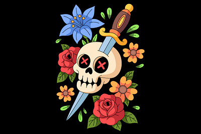 Skull and Dagger with Flowers design