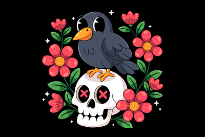 Skull, Crow and Flowers Illustration spooky