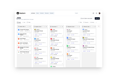Applyarc-Board view Job application tracker black and white clean design graphic design kaban board minimalist ui ux white