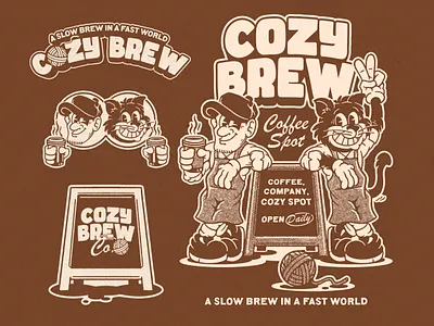 COZY BREW MASCOT & BRAND IDENTITY DESIGN PACKAGE art brand identity branding design design package graphic design illustration key visual logo mascot typography ui ux vector