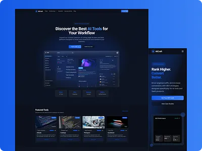 AICraft – AI Tools Listing Website + AI Services Landing Page ai ai development ai platform aitools blue tone desing dark mode dark theme design graphic design landing page design minimal design saas design seo services startup design tech website ui ux design web app ui web design