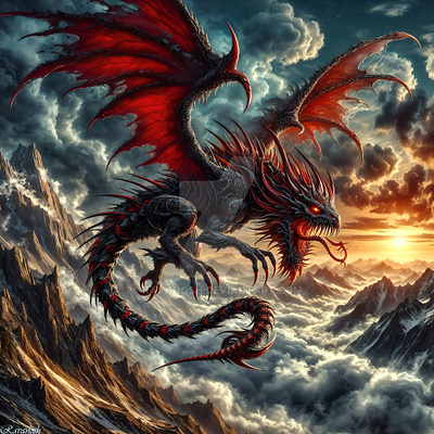 Scorvyrath, Ferocity Incarnate 2d cinematic clouds concept creature design detailed digital dragon fantasy hybrid intense mountainscape ominous scene scorpion sunset vibrantcolors visceral vivid