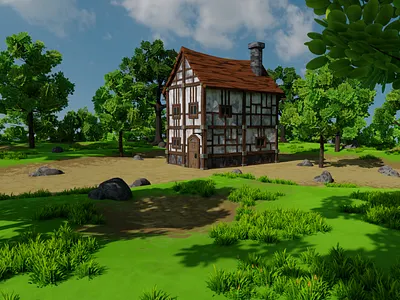 Medieval House 4 With Environment 3D model 3d 3dmodel art blender3d environment exterior flower foilage forest game grass house landscape lowpoly medieval nature render3d rock trees
