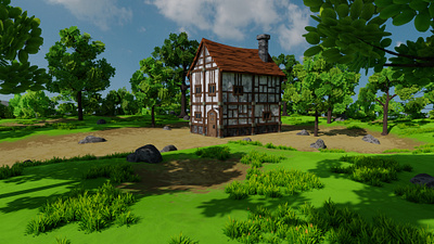 Medieval House 4 With Environment 3D model 3d 3dmodel art blender3d environment exterior flower foilage forest game grass house landscape lowpoly medieval nature render3d rock trees