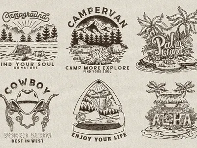 Microstock collection apparel artwork badge design branding cowboy design design graphic design hand drawn illustration landscape design lettering logo simple logo vintage outdoor adventure t shirt design tropical typhography vector vintage design vintage graphic design