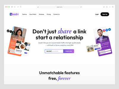 Leadrr – Social Media Link & Lead Capture Website analytics crm crm website interface landing page lead capture lead generation link management modern ui no code saas design social media social media link social media tool ui ux wavespace web design webappdesign website