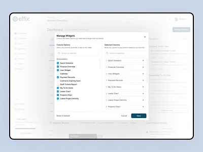 Effix - CRM Widgets Design admin widgets cart choice components crm dashboard dashboard widgets filllodesign filter manage widgets management modal product design saas selection sorting tool ui design widgets