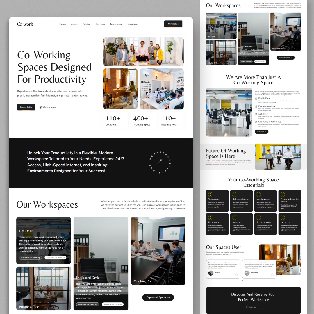 Website UI/UX – Clean, Modern, and User-Focused co working co working web landing page landing page design minimal website modern professional web ui ui web design wordpress
