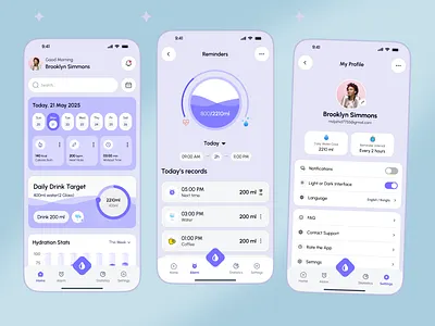 HydroTrack | Water Reminder | Mobile App | UI UX alarm app design calender create reminder daily reminder filter health mobile app hydration ios app design minimal mobile app product design profile reminder reminder application reminder management uiux water water tracker