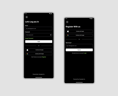 Elegant Dark Mode Login & Registration UI – Android App Design branding graphic design ui