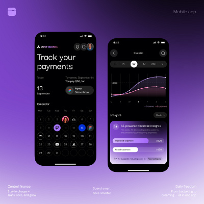 Online Mobile Banking App ai analytics banking calendar charts clean dashboard design mobile payment progress socials tracking ui user interface ux