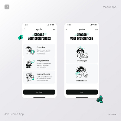 Upwise - Job searching app app branding clean design illustration ios job mobile onboarding posting quizz ui user interface ux
